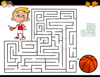 Cartoon Illustration of Education Maze or Labyrinth Activity Game for Children with Little Boy and Basketball