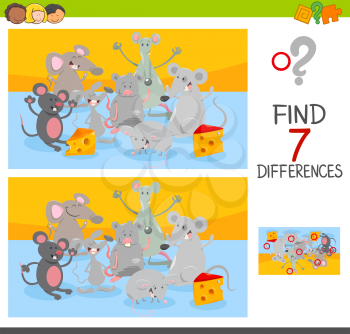 Cartoon Illustration of Finding Seven Differences Between Pictures Educational Activity Game for Children with Mice Animal Characters Group