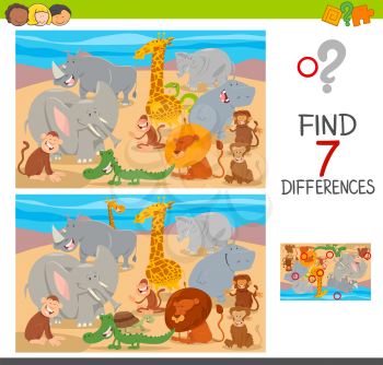 Cartoon Illustration of Finding Seven Differences Between Pictures Educational Activity Game for Children with Safari Animal Characters Group