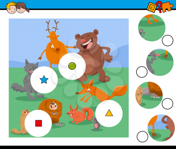 Cartoon Illustration of Educational Match the Pieces Jigsaw Puzzle Game for Children with Animal Characters