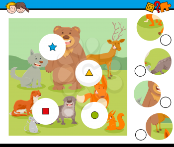 Cartoon Illustration of Educational Match the Pieces Jigsaw Puzzle Game for Children with Funny Animal Characters