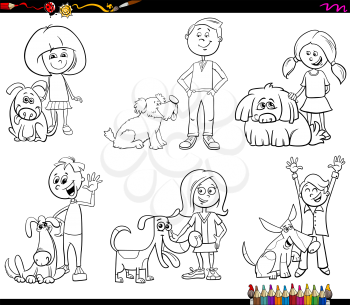 Black and White Coloring Book Cartoon Illustration of Children with Dogs Characters Set