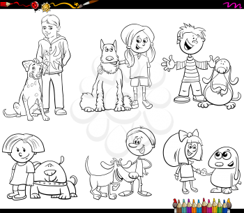 Black and White Coloring Book Cartoon Illustration of Children with Dog Animals Characters Set