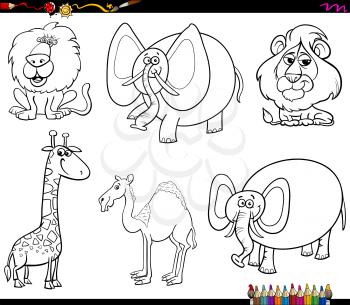 Black and White Coloring Book Cartoon Illustration of Funny Wild Animal Characters Set