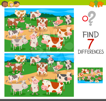 Cartoon Illustration of Finding Seven Differences Between Pictures Educational Activity Game for Children with Farm Cows Animal Characters Group