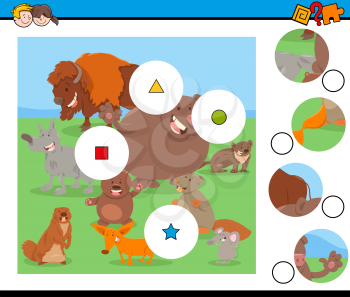 Cartoon Illustration of Educational Match the Pieces Jigsaw Puzzle Game for Children with Wild Mammals Animal Characters Group