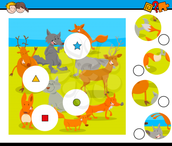 Cartoon Illustration of Educational Match the Pieces Jigsaw Puzzle Game for Children with Wild Mammal Characters Group