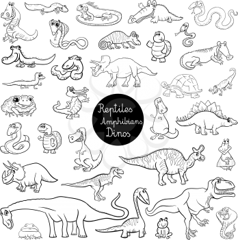 Black and White Cartoon Illustration of Reptiles and Amphibians Animal Characters Big Set Coloring Book