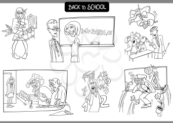 Black and White Cartoon Illustration of School and Education Characters and Situations Set