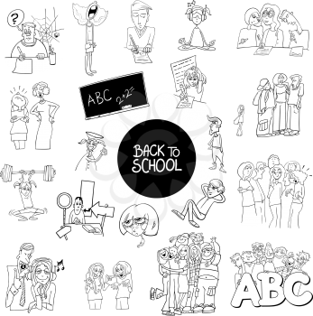 Black and White Cartoon Illustration of School and Education Characters and Situations Large Set