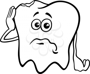 Black and White Cartoon Illustration of Sad Tooth Character with Cavity Coloring Book