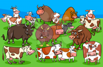 Cartoon Illustration of Funny Cows and Bulls Farm Animal Characters Group