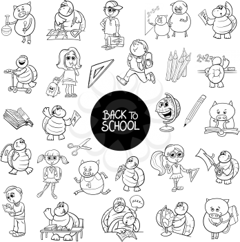 Black and White Cartoon Illustration of School and Education Characters and Objects Large Set