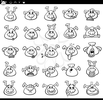 Black and White Cartoon Illustration of Funny Dogs Expressing Emotions or Emoji Icons Set