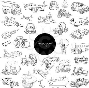 Black and White Cartoon Illustration of Transportation Vehicle Characters Huge Set