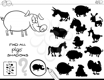 Black and White Cartoon Illustration of Finding All Pigs Shadows Educational Activity for Children Coloring Book