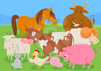 Cartoon Illustration of Cute Farm Animal Characters Group