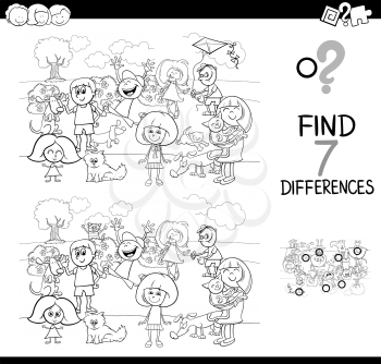 Black and White Cartoon Illustration of Finding Seven Differences Between Pictures Educational Activity Game for Kids with Children and Pets Characters Group Coloring Book