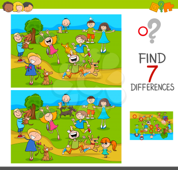 Cartoon Illustration of Finding Seven Differences Between Pictures Educational Activity Game for Kids with Happy Children and Pets Characters Group