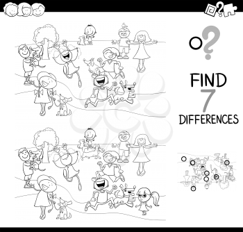 Black and White Cartoon Illustration of Finding Seven Differences Between Pictures Educational Activity Game for Kids with Happy Children and Pets Characters Group Coloring Book