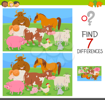 Cartoon Illustration of Finding Seven Differences Between Pictures Educational Activity Game for Kids with Farm Animal Characters
