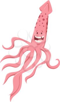 Cartoon Illustration of Funny Squid Sea Animal Character