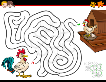 Cartoon Illustration of Education Maze or Labyrinth Activity Game for Children with Chickens and Chickencoop