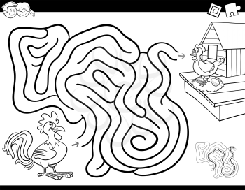 Black and White Cartoon Illustration of Education Maze or Labyrinth Activity Game for Children with Chickens and Chickencoop Coloring Book