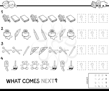 Black and White Cartoon Illustration of Completing the Pattern Educational Game for Preschool Children with Objects Coloring Book