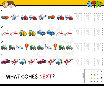 Cartoon Illustration of Completing the Pattern Educational Game for Preschool Children with Transportation Vehicles
