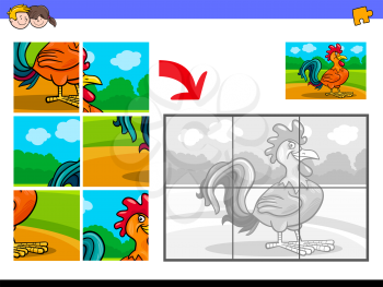 Cartoon Illustration of Educational Jigsaw Puzzle Activity Game for Children with Funny Rooster Farm Animal Character