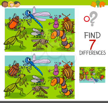 Cartoon Illustration of Finding Seven Differences Between Pictures Educational Activity Game for Children with Insects Animal Characters Group