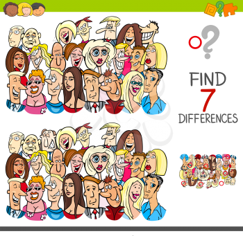 Cartoon Illustration of Finding Seven Differences Between Pictures Educational Activity Game for Children with People Characters Group