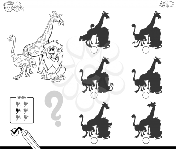 Black and White Cartoon Illustration of Finding the Shadow without Differences Educational Activity for Children with Safari Animal Characters Coloring Book