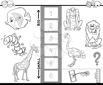 Black and White Cartoon Illustration of Educational Game of Finding the Largest and the Smallest Animal with Funny Characters for Children Coloring Book