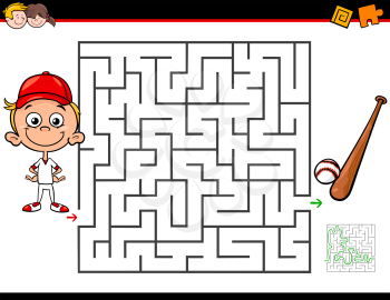 Cartoon Illustration of Education Maze or Labyrinth Activity Game for Children with Little Boy and Baseball