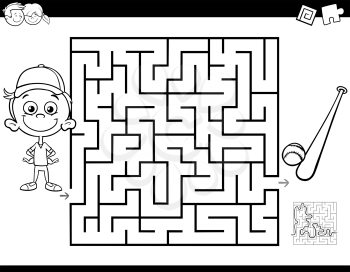 Black and White Cartoon Illustration of Education Maze or Labyrinth Activity Game for Children with Little Boy and Baseball Coloring Book