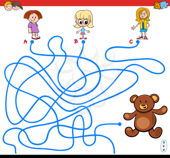 Cartoon Illustration of Paths or Maze Puzzle Activity Game with Little Girls and Teddy Bear Toy