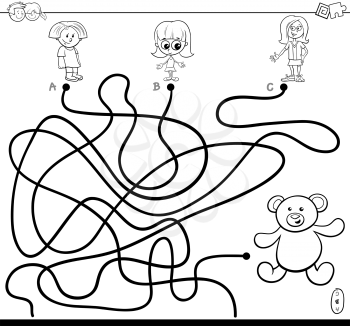 Black and White Cartoon Illustration of Paths or Maze Puzzle Activity Game with Little Girls and Teddy Bear Toy Coloring Book