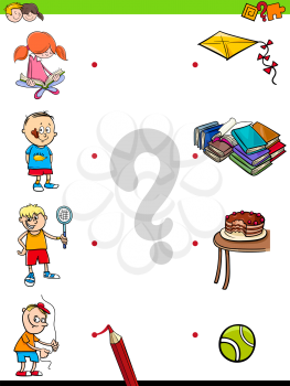 Cartoon Illustration of Educational Pictures Matching Game for Children with Kid Characters and their Activities