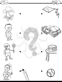 Black and White Cartoon Illustration of Educational Pictures Matching Game for Children with Kid Characters and their Activities Coloring Book