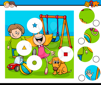 Cartoon Illustration of Educational Match the Pieces Jigsaw Puzzle Game for Children with Kids on Playground