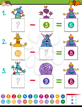 Cartoon Illustration of Educational Mathematical Subtraction Puzzle Game for Preschool and Elementary Age Children with Aliens and Monsters Funny Characters