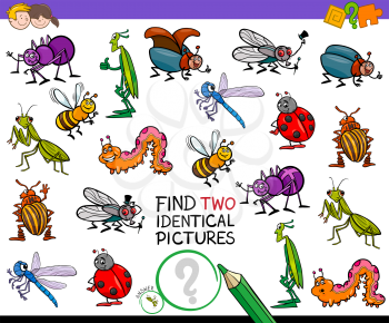 Cartoon Illustration of Finding Two Identical Pictures Educational Game for Children with Insects Animal Characters