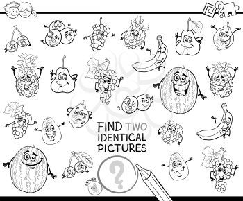 Black and White Cartoon Illustration of Finding Two Identical Pictures Educational Game for Children with Fruit Characters Coloring Book