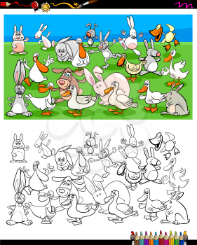 Cartoon Illustration of Ducks and Rabbits Farm Animal Characters Group Coloring Book Activity