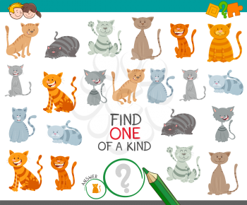Cartoon Illustration of Find One of a Kind Educational Activity Game for Kids with Cats or Kittens Characters