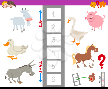 Cartoon Illustration of Educational Game of Finding the Largest and the Smallest Farm Animal with Funny Characters for Children
