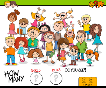Cartoon Illustration of Educational Counting Task Game for Children with Girls and Boys Characters Group