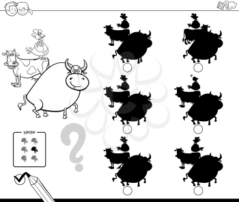 Black and White Cartoon Illustration of Finding the Shadow without Differences Educational Activity for Children with Farm Animal Characters Coloring Book
